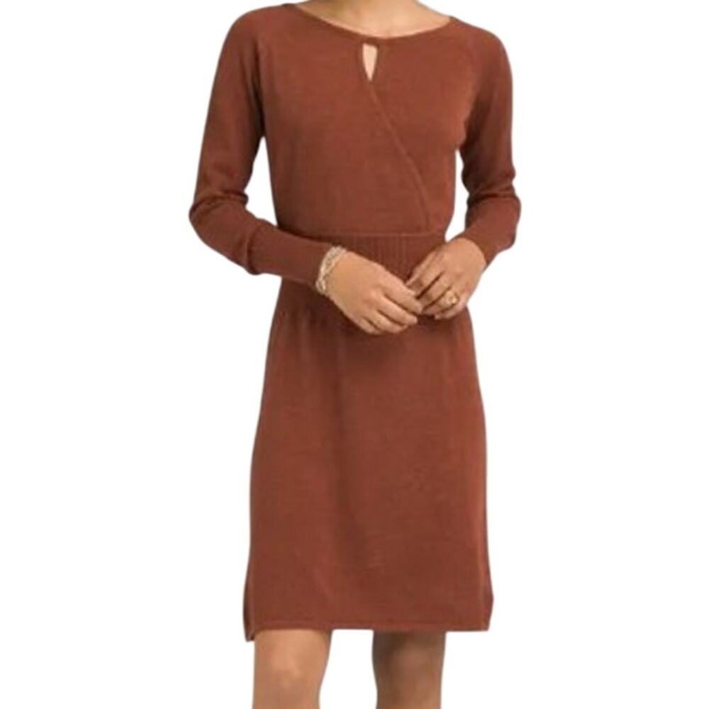 prAna Sonatina Sweater Wrap Dress Organic Cotton Knit Knee Length A Line Brown M
